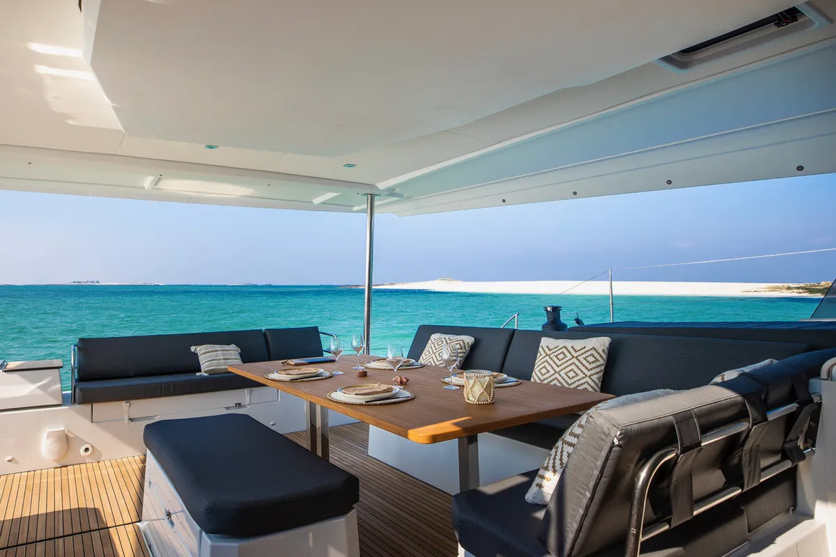 Premium +, a Fountaine Pajot Aura 51 catamaran at Sant Antoni de Portmany, Spain