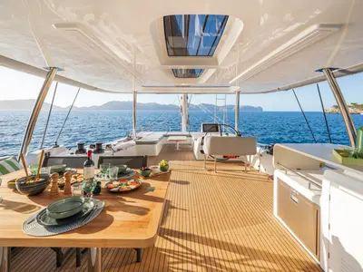 Deck of SAILUXE - Pac-one, a Lagoon 60 catamaran at Olbia, Italy