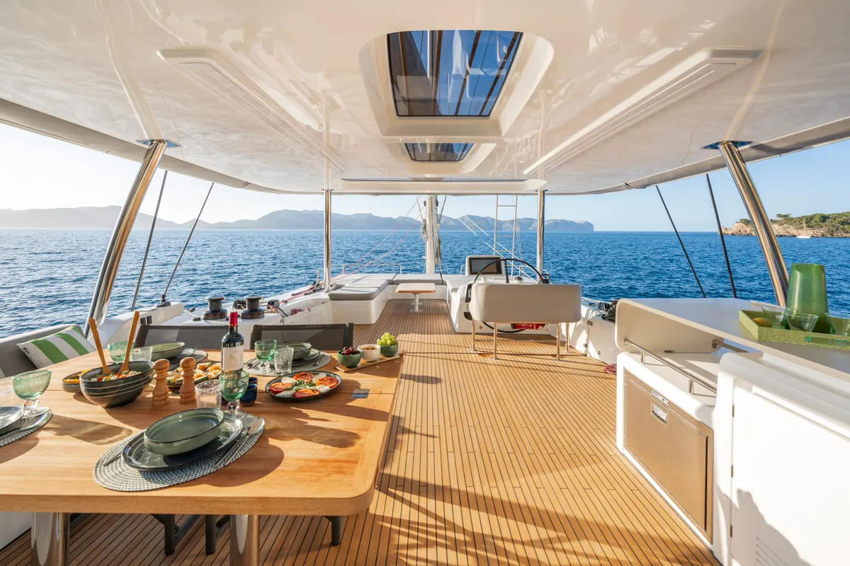 Deck of SAILUXE - Pac-one, a Lagoon 60 catamaran at Olbia, Italy