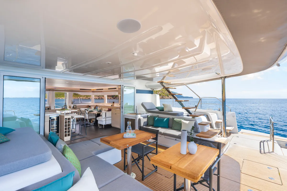 Deck of SAILUXE - Pac-one, a Lagoon 60 catamaran at Olbia, Italy