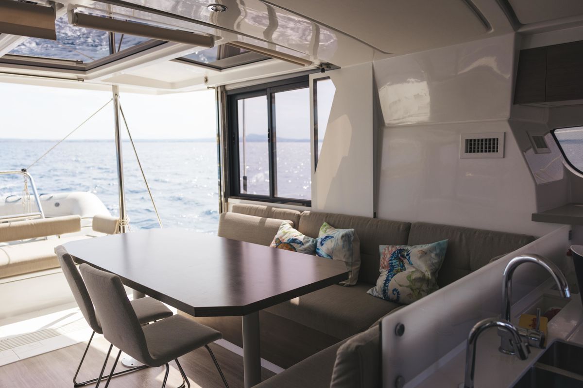 Salon of Loxarel, a Bali 4.2 catamaran at Ibiza, Spain
