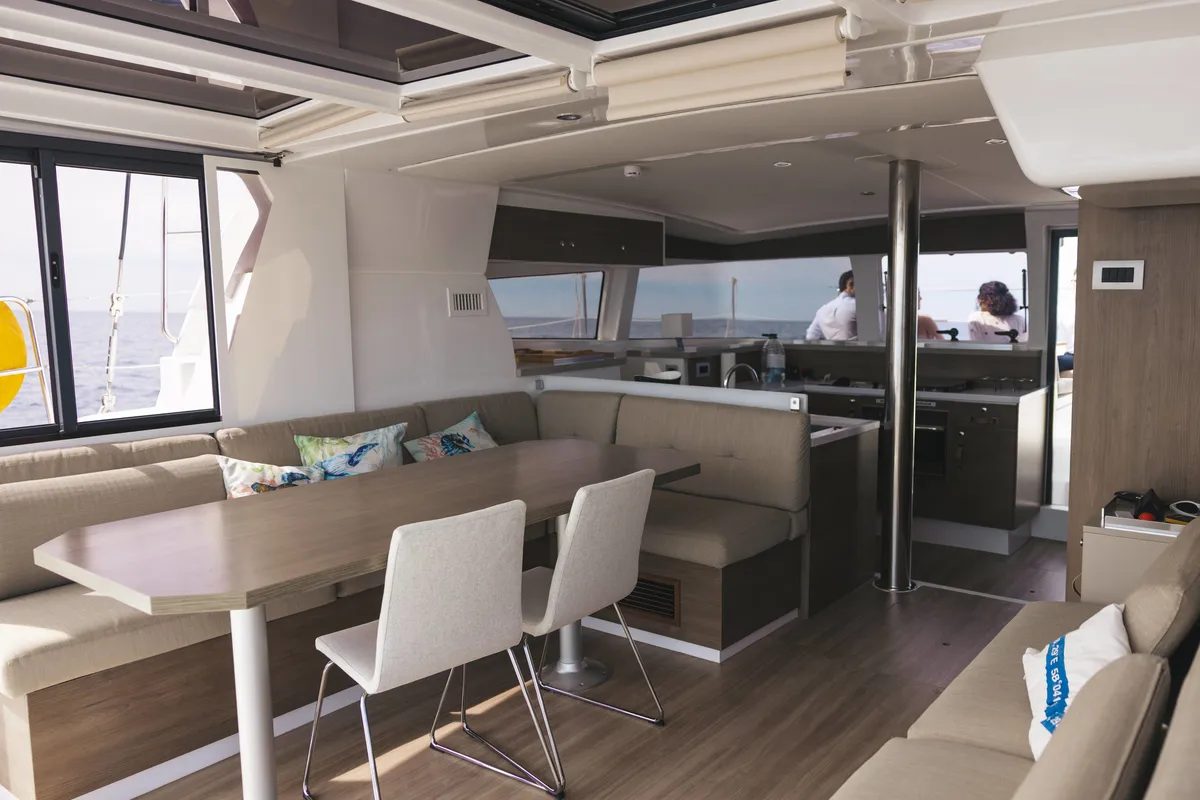 Salon of Loxarel, a Bali 4.2 catamaran at Ibiza, Spain