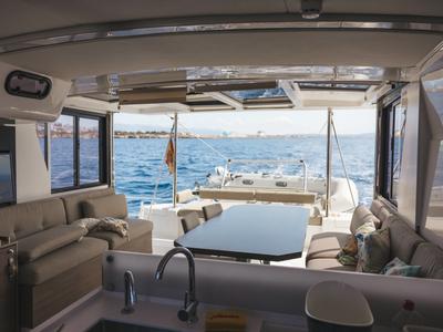 Salon of Loxarel, a Bali 4.2 catamaran at Ibiza, Spain