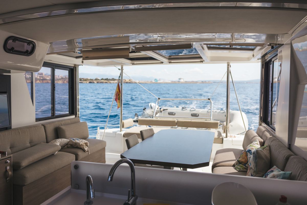 Salon of Loxarel, a Bali 4.2 catamaran at Ibiza, Spain