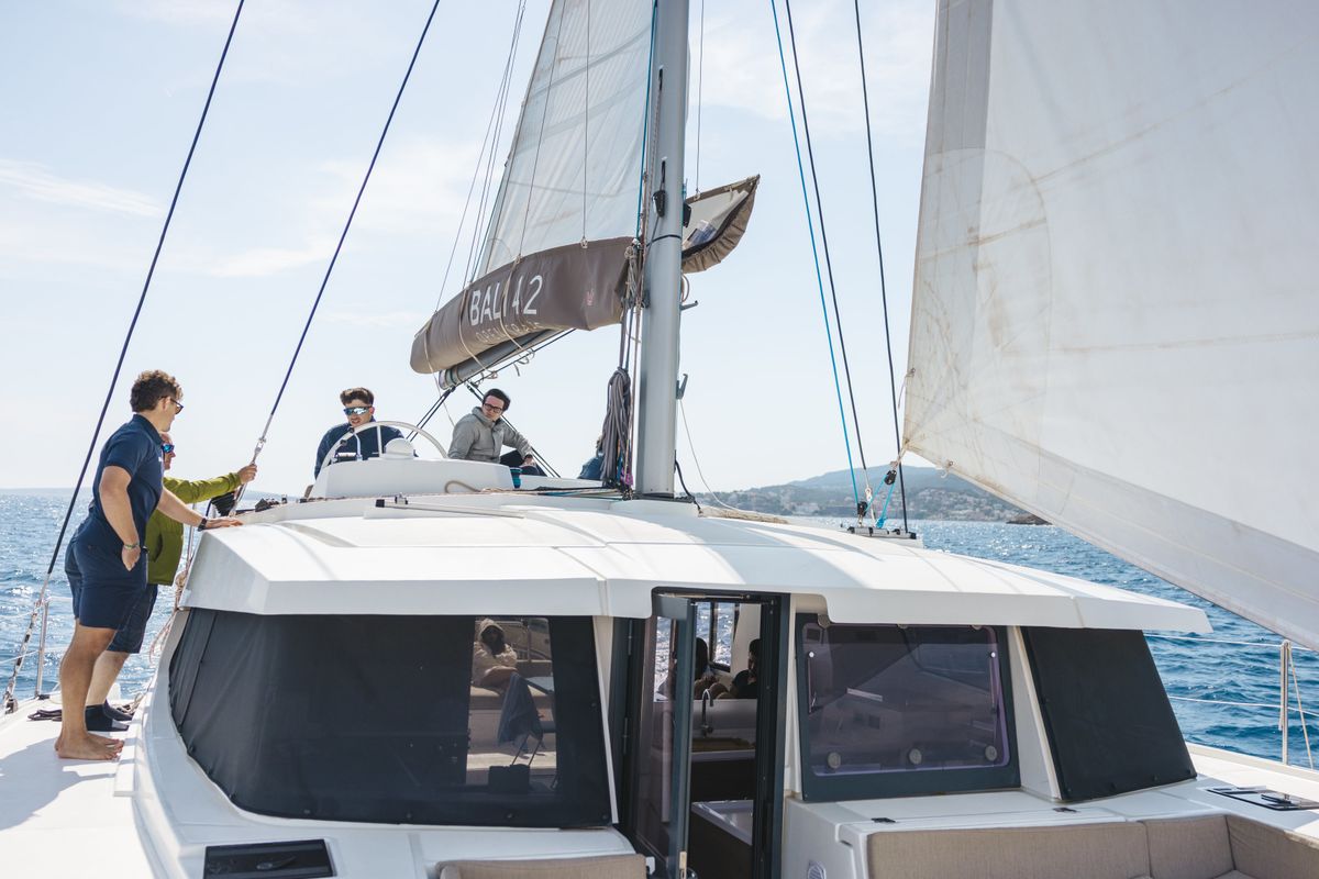 Deck of Loxarel, a Bali 4.2 catamaran at Ibiza, Spain