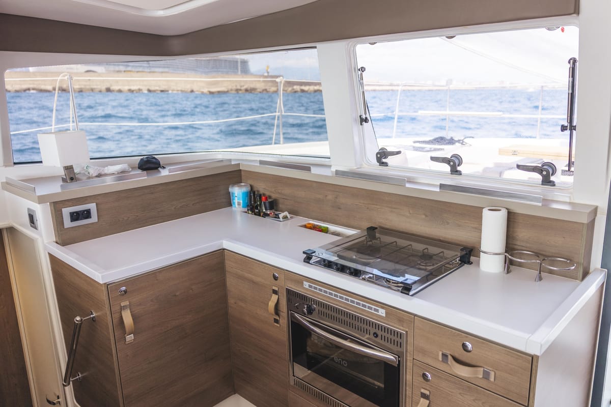 Galley of Loxarel, a Bali 4.2 catamaran at Ibiza, Spain