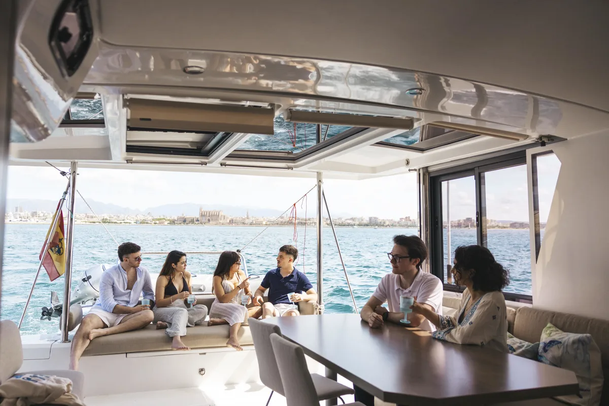 Salon of Loxarel, a Bali 4.2 catamaran at Ibiza, Spain