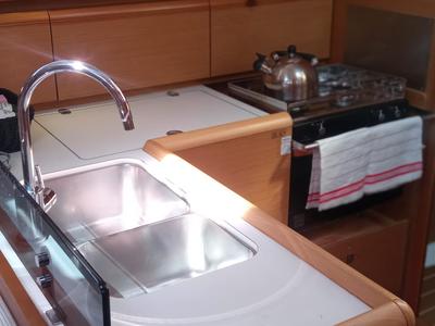 Galley of talelli, a Jeanneau Sun Odyssey 379 sailboat at Kontokali, Greece