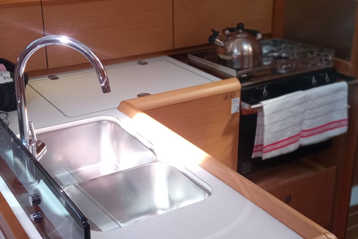 Galley of talelli, a Jeanneau Sun Odyssey 379 sailboat at Kontokali, Greece