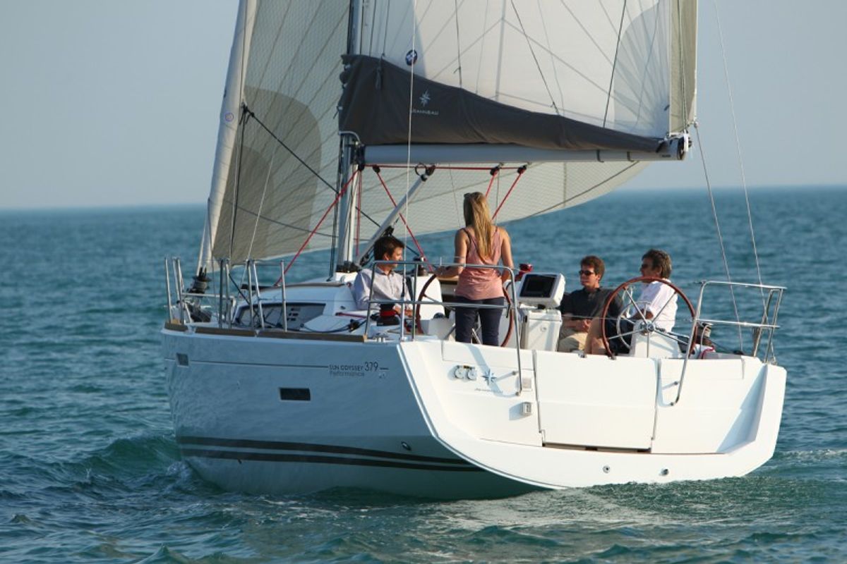 Exterior view of talelli, a Jeanneau Sun Odyssey 379 sailboat at Kontokali, Greece