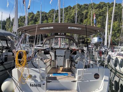 Cockpit of talelli, a Jeanneau Sun Odyssey 379 sailboat at Kontokali, Greece
