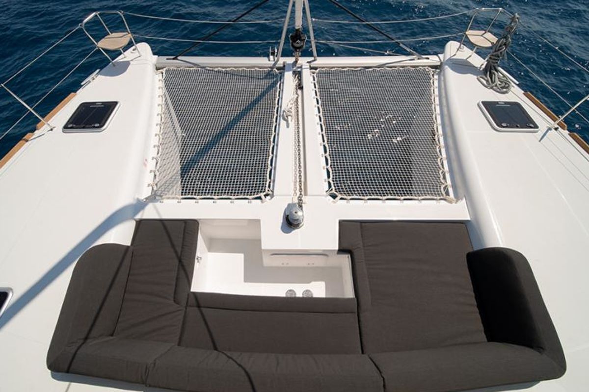 Deck of ANNIE, a Lagoon 450 Fly catamaran at Athens, Greece