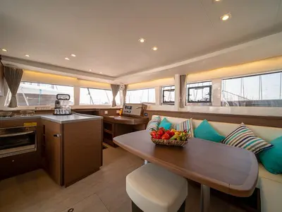 Salon of ANNIE, a Lagoon 450 Fly catamaran at Athens, Greece