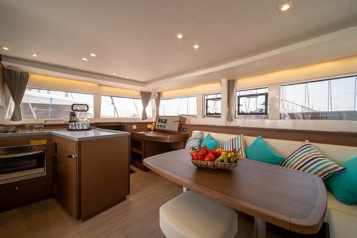 Salon of ANNIE, a Lagoon 450 Fly catamaran at Athens, Greece