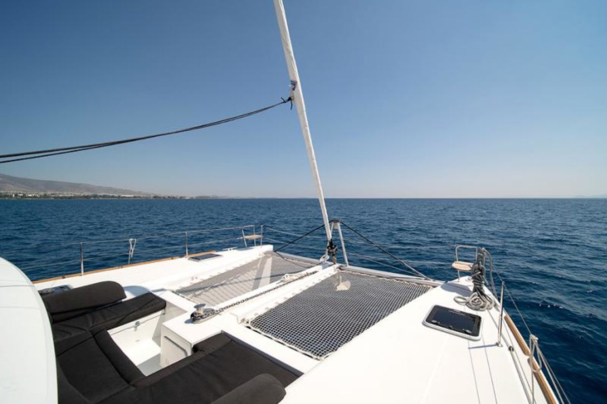 Deck of ANNIE, a Lagoon 450 Fly catamaran at Athens, Greece