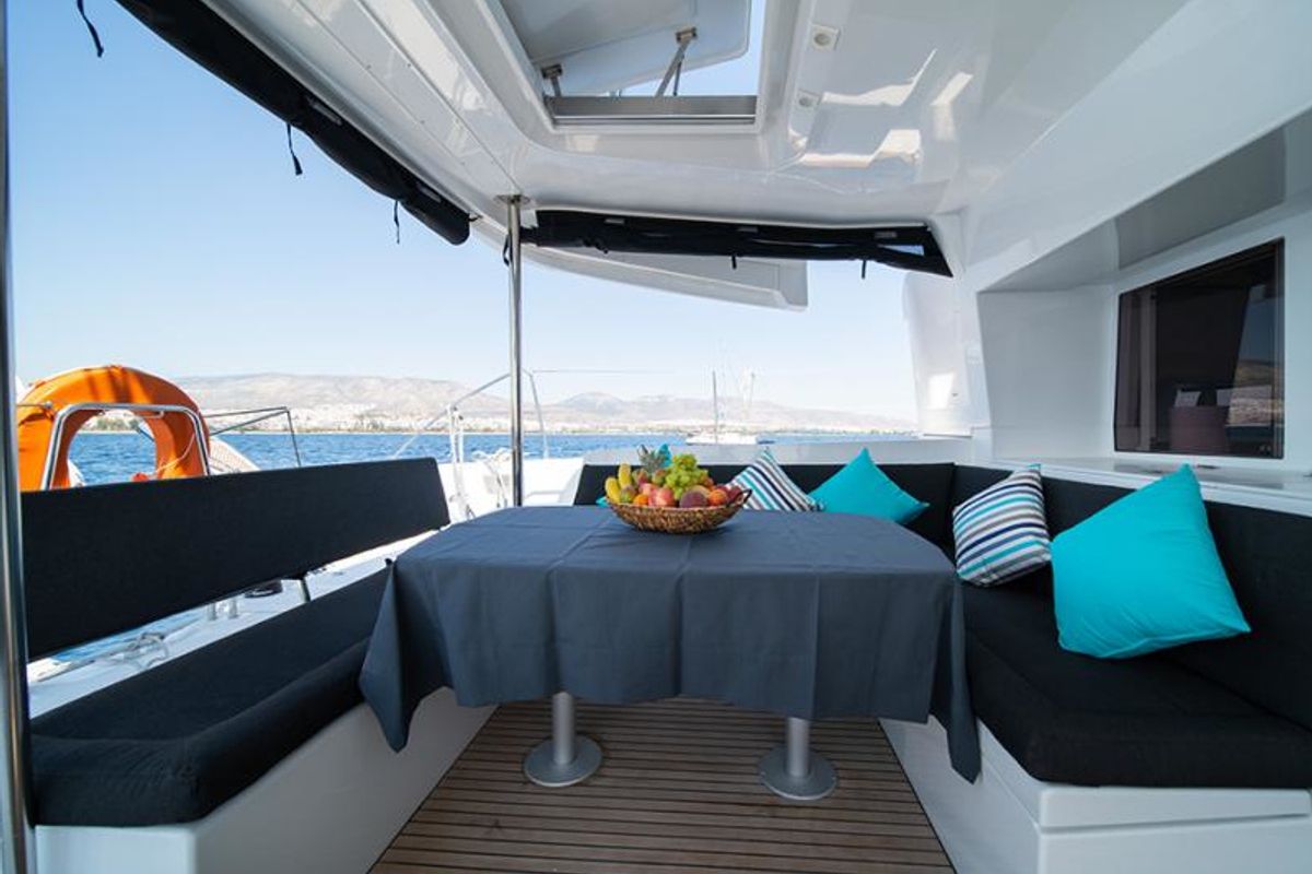 Deck of ANNIE, a Lagoon 450 Fly catamaran at Athens, Greece
