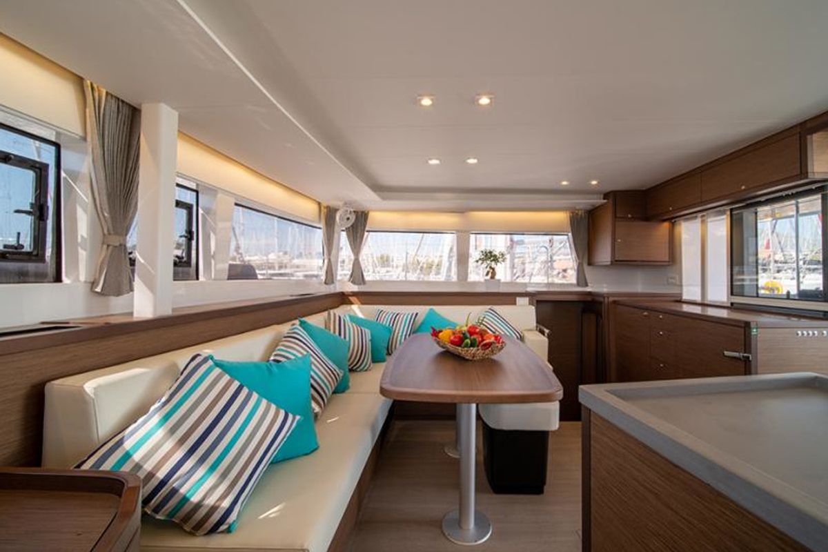 Salon of ANNIE, a Lagoon 450 Fly catamaran at Athens, Greece