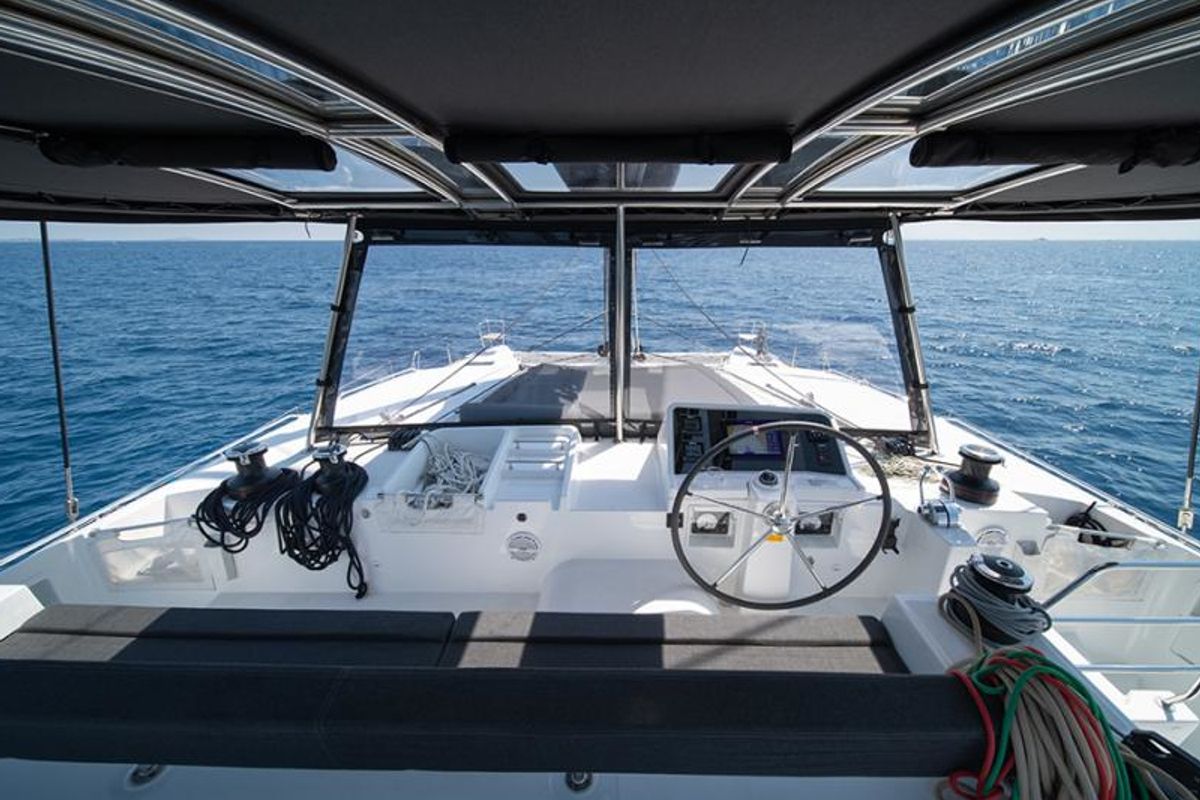 Cockpit of ANNIE, a Lagoon 450 Fly catamaran at Athens, Greece