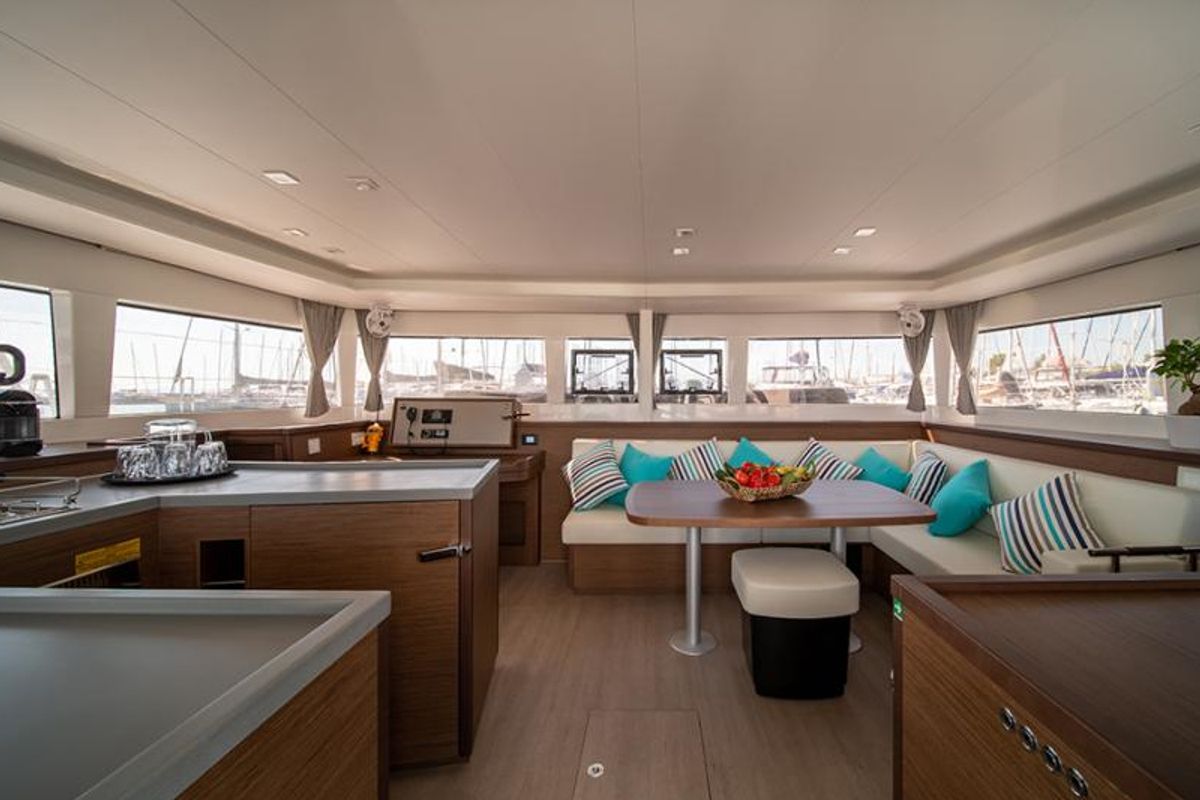 Salon of ANNIE, a Lagoon 450 Fly catamaran at Athens, Greece