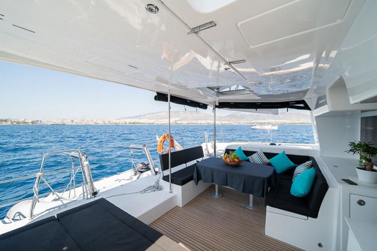 Deck of ANNIE, a Lagoon 450 Fly catamaran at Athens, Greece