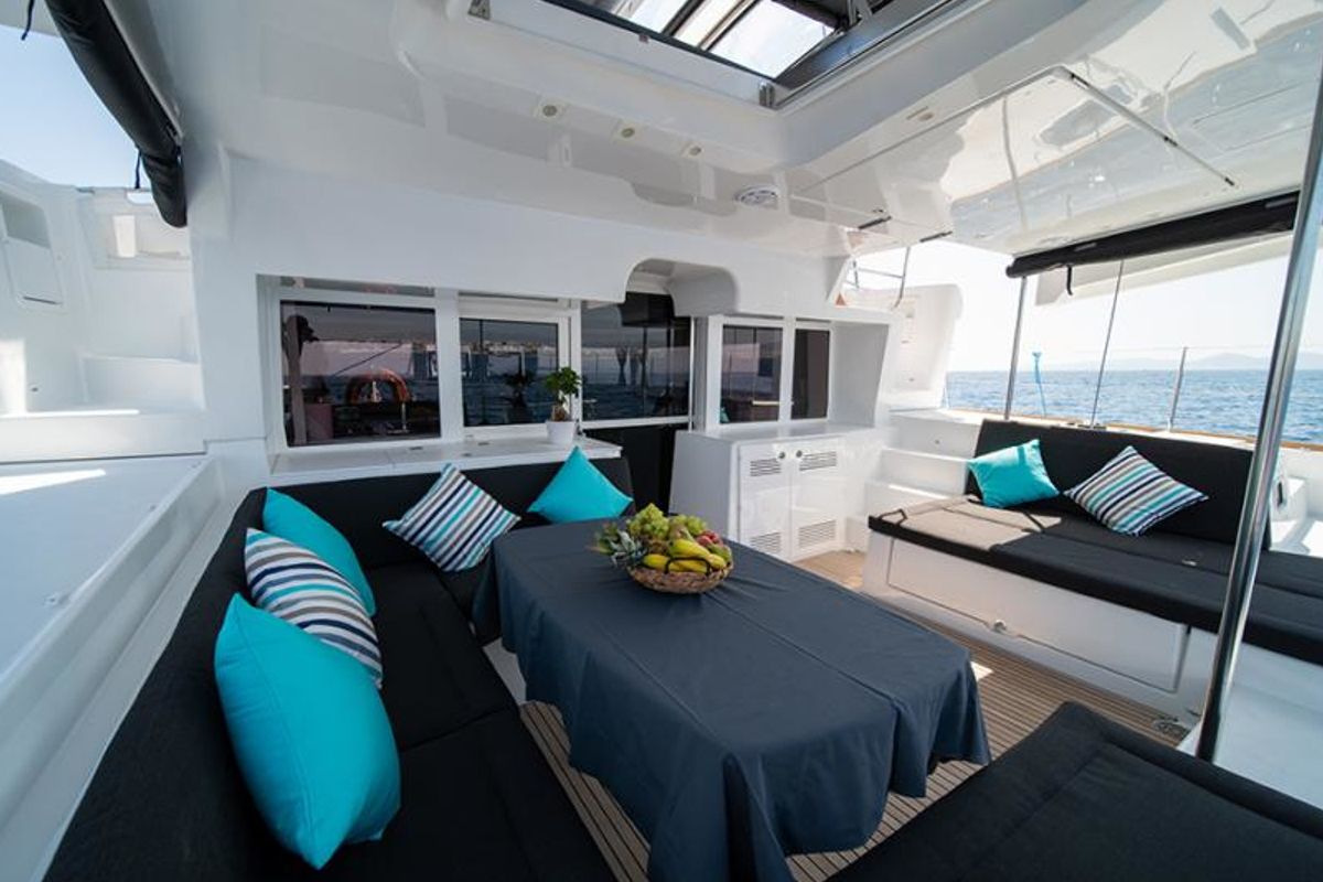 Deck of ANNIE, a Lagoon 450 Fly catamaran at Athens, Greece