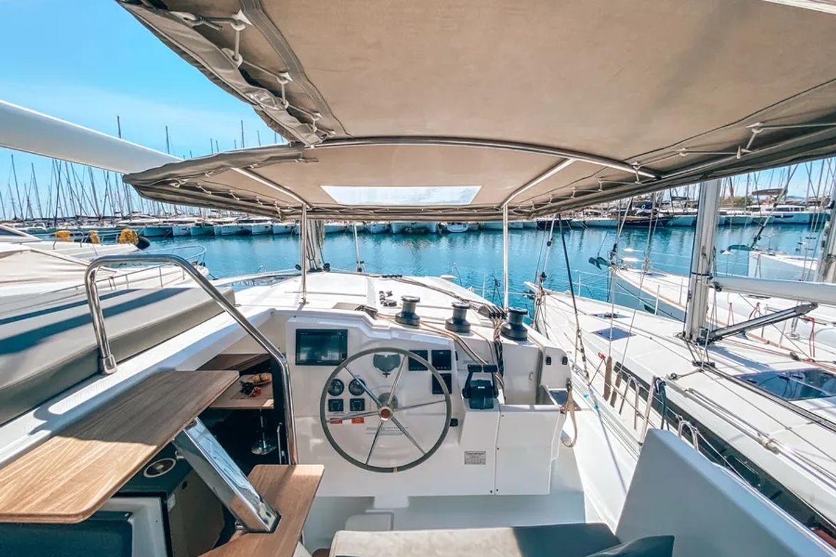 Cockpit of Go Earth 1, a Fountaine Pajot Lucia 40 catamaran at Grad Pula, Croatia