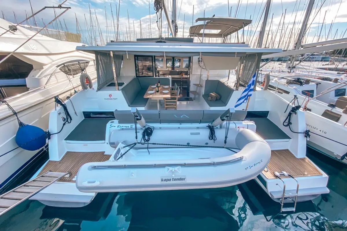 Exterior view of Go Earth 1, a Fountaine Pajot Lucia 40 catamaran at Grad Pula, Croatia