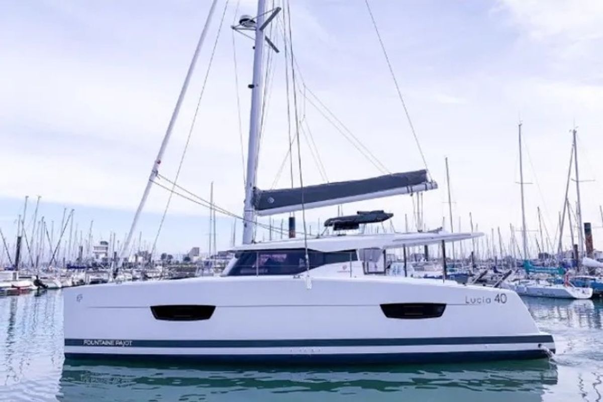 Exterior view of Go Earth 1, a Fountaine Pajot Lucia 40 catamaran at Grad Pula, Croatia