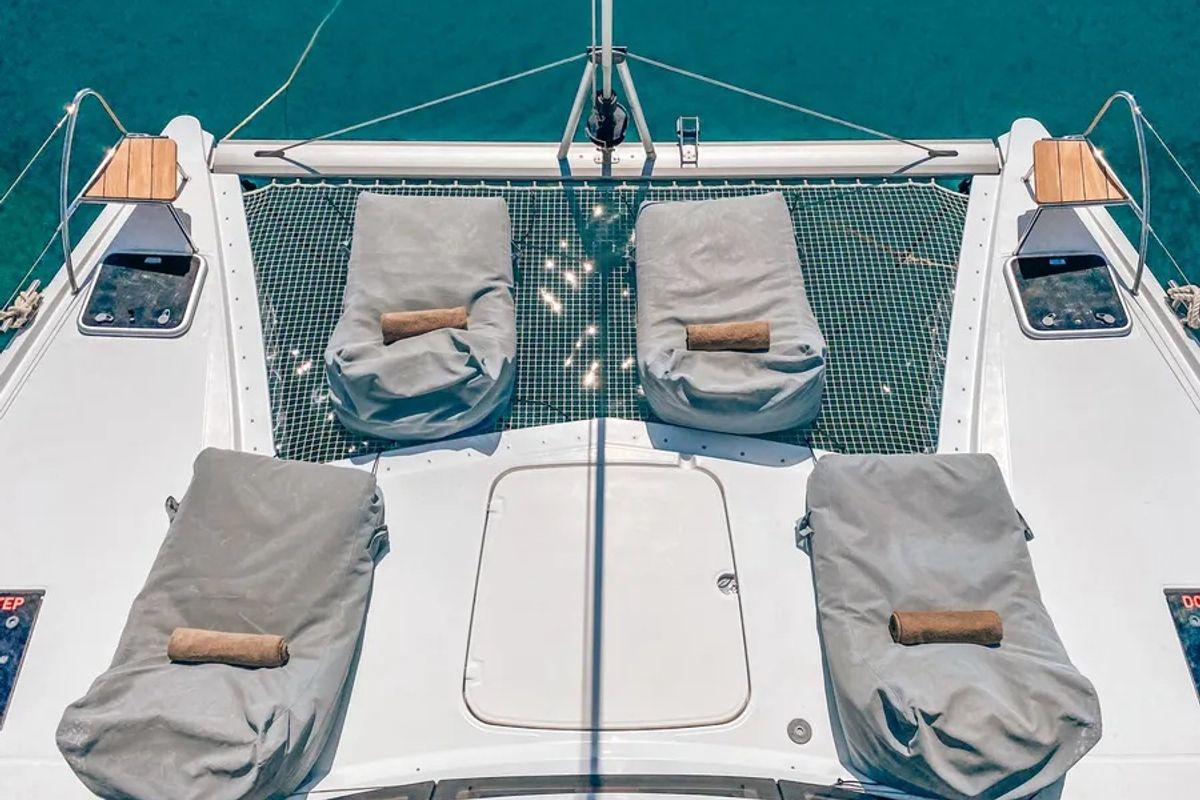 Deck of Go Earth 1, a Fountaine Pajot Lucia 40 catamaran at Grad Pula, Croatia