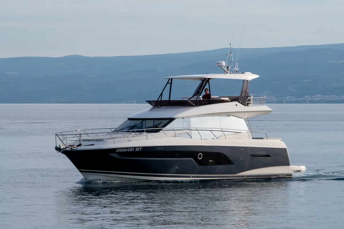 Exterior view of Baby Indy, a Jeanneau Prestige 520 Flybridge yacht at Split, Croatia