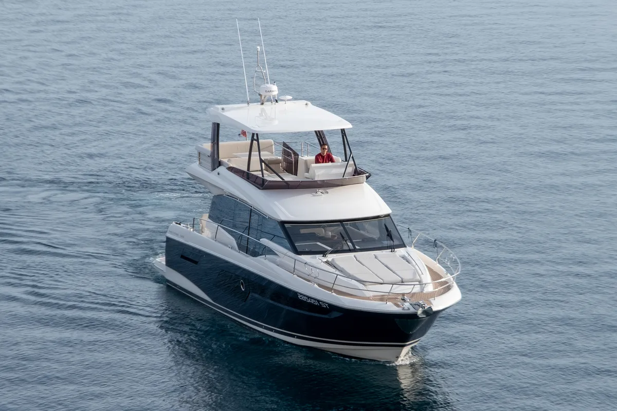 Exterior view of Baby Indy, a Jeanneau Prestige 520 Flybridge yacht at Split, Croatia