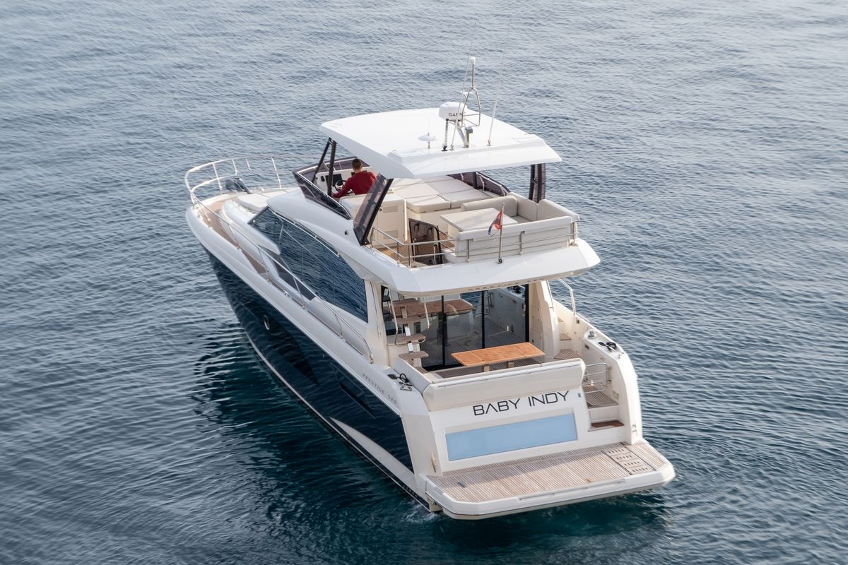 Exterior view of Baby Indy, a Jeanneau Prestige 520 Flybridge yacht at Split, Croatia