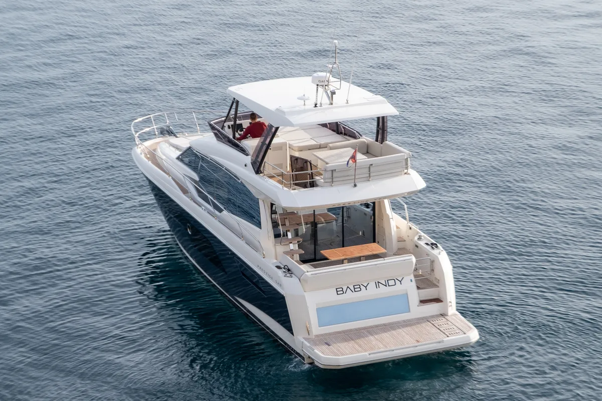 Exterior view of Baby Indy, a Jeanneau Prestige 520 Flybridge yacht at Split, Croatia