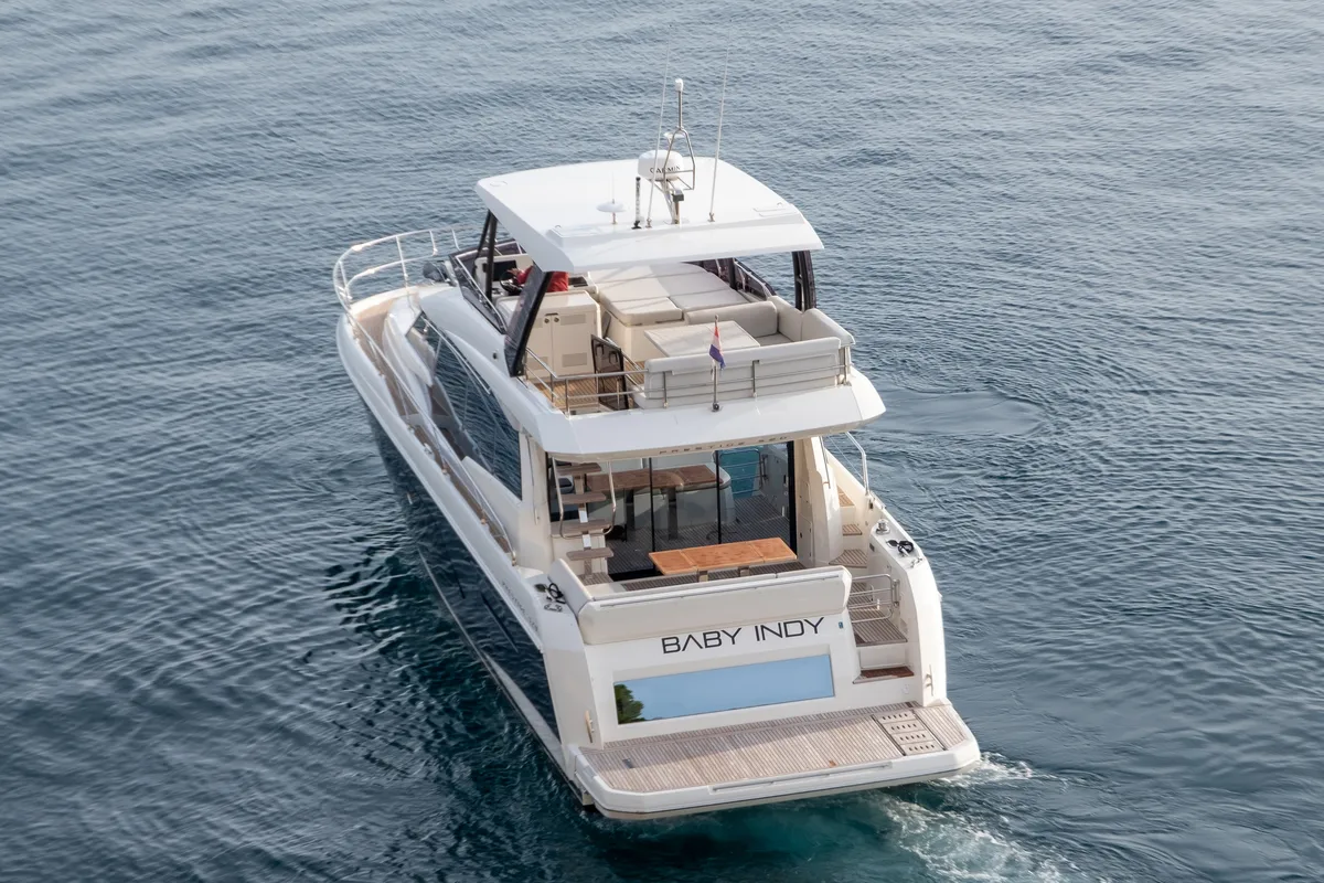 Exterior view of Baby Indy, a Jeanneau Prestige 520 Flybridge yacht at Split, Croatia