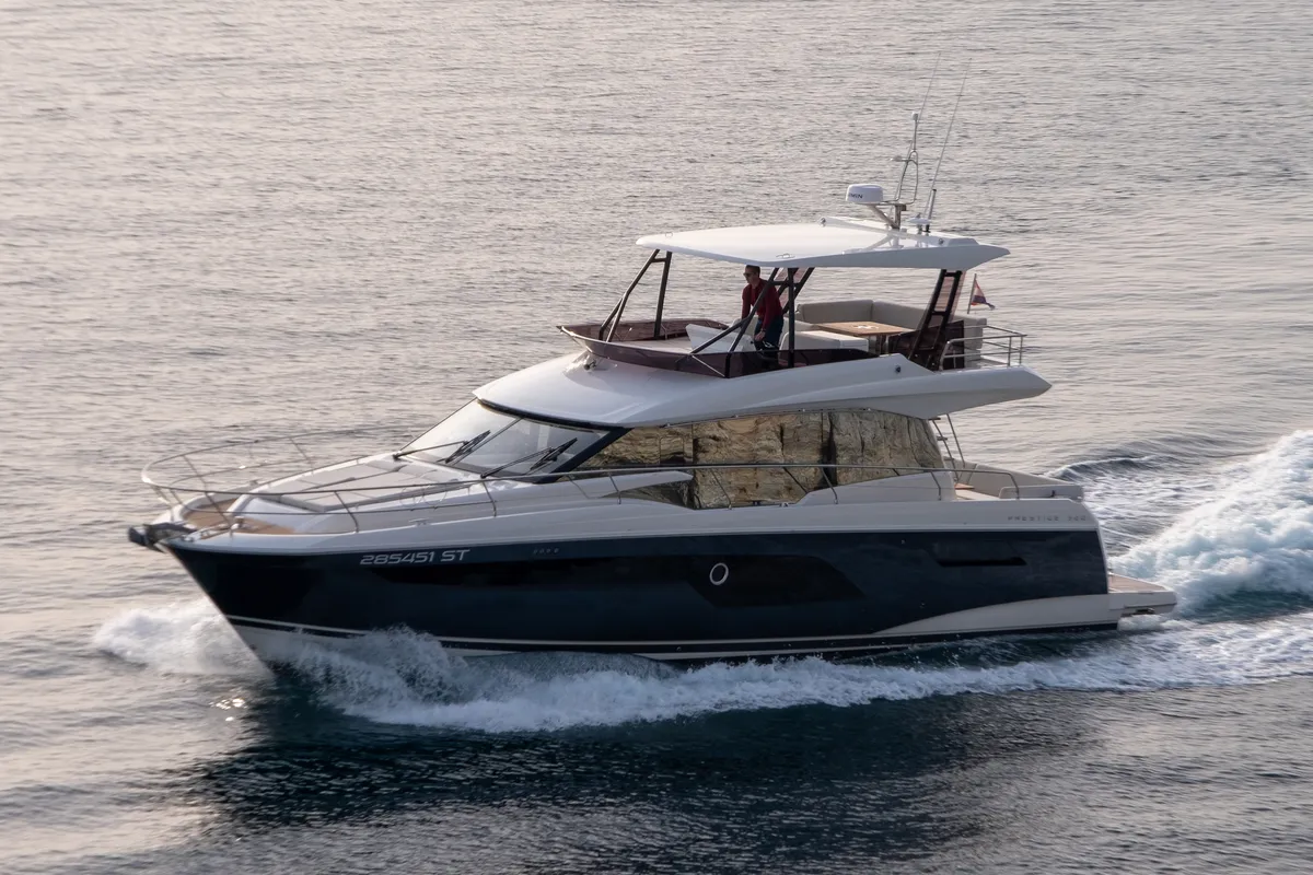 Exterior view of Baby Indy, a Jeanneau Prestige 520 Flybridge yacht at Split, Croatia