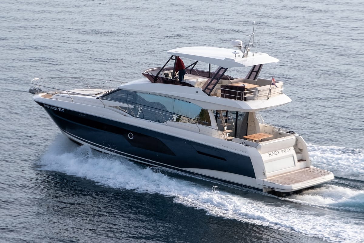 Exterior view of Baby Indy, a Jeanneau Prestige 520 Flybridge yacht at Split, Croatia