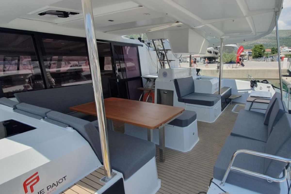 Deck of Crazy Diamond, a Fountaine Pajot Astrea 42 catamaran at Seget Donji, Croatia