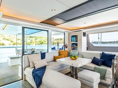 Salon of WINDSEA, a Leopard 50 catamaran at Gouvia, Greece