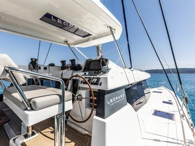 Cockpit of WINDSEA, a Leopard 50 catamaran at Gouvia, Greece