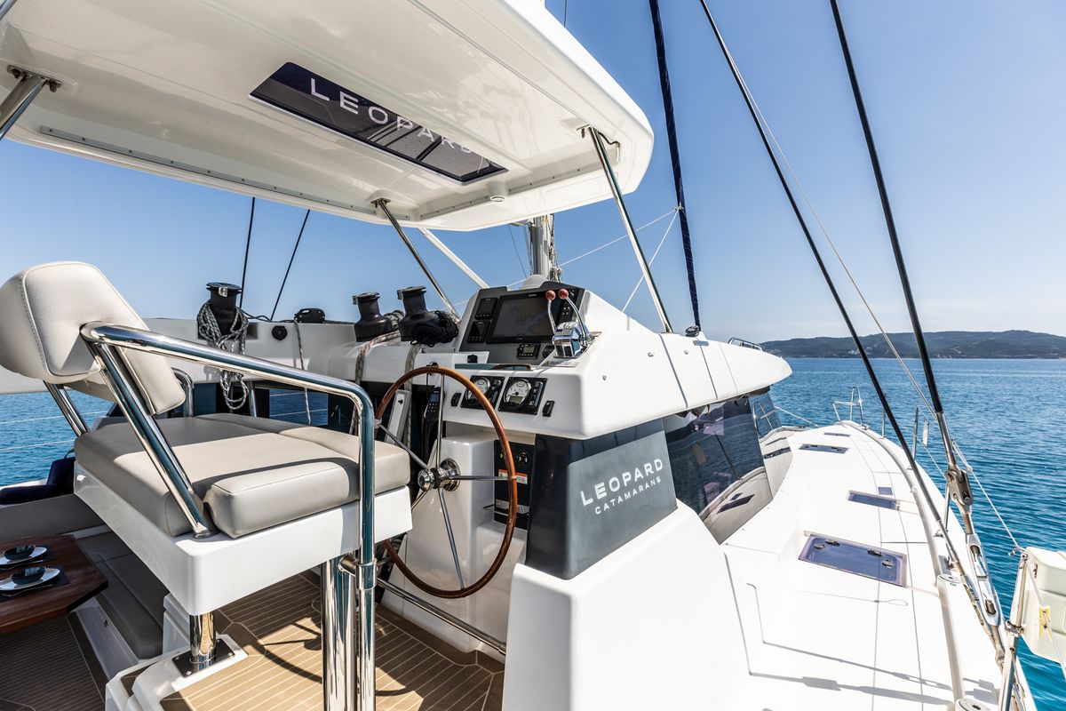 Cockpit of WINDSEA, a Leopard 50 catamaran at Gouvia, Greece