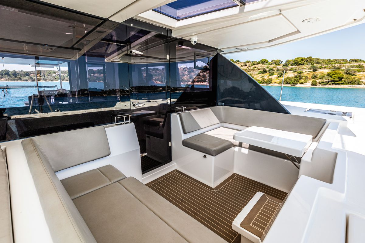 Deck of WINDSEA, a Leopard 50 catamaran at Gouvia, Greece