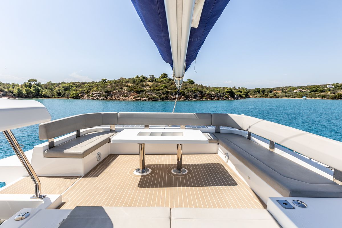 Deck of WINDSEA, a Leopard 50 catamaran at Gouvia, Greece