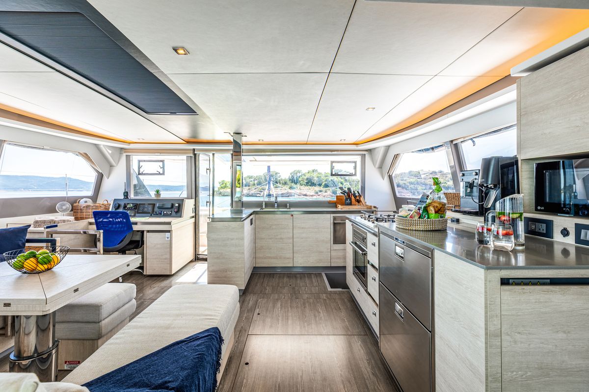 Galley of WINDSEA, a Leopard 50 catamaran at Gouvia, Greece