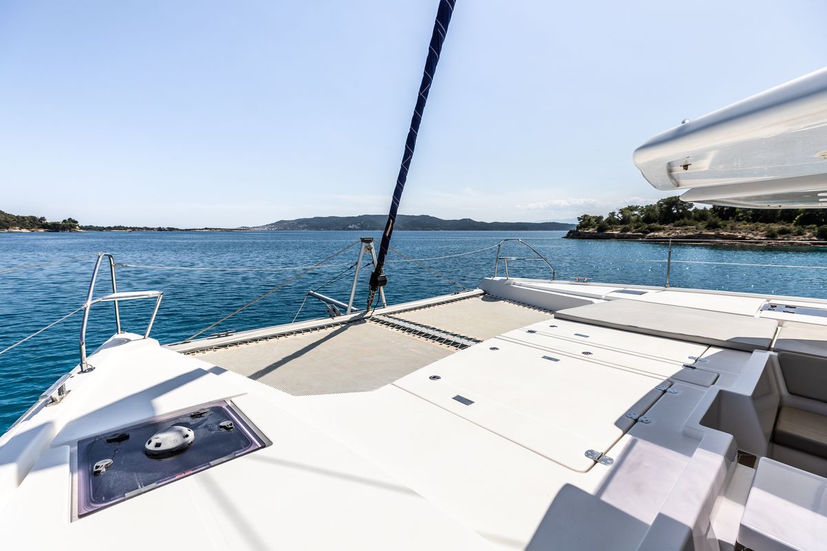 Deck of WINDSEA, a Leopard 50 catamaran at Gouvia, Greece