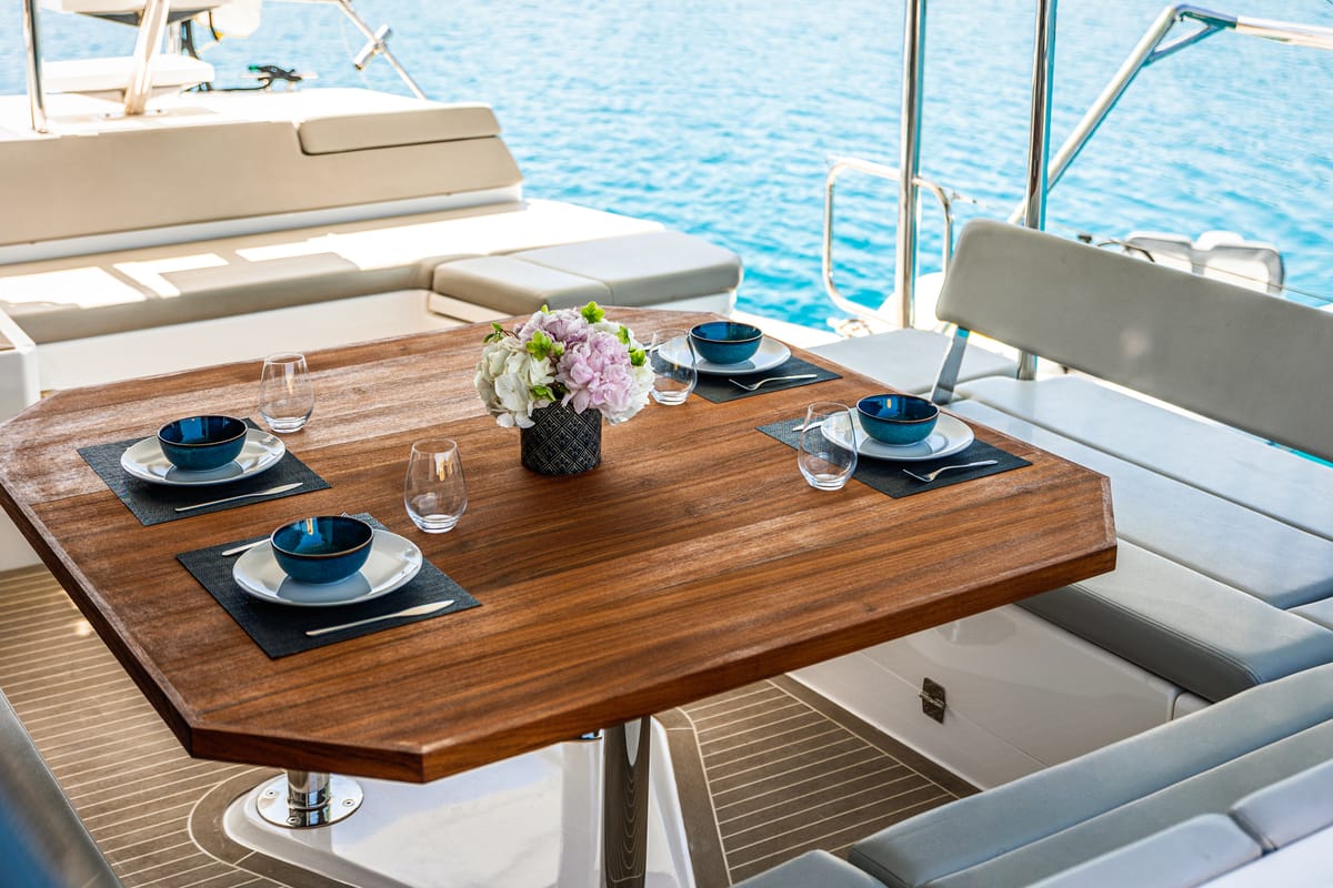 Deck of WINDSEA, a Leopard 50 catamaran at Gouvia, Greece