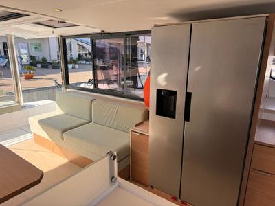 Salon of Silver Dolphin, a Bali 4.8 catamaran at Olbia, Italy