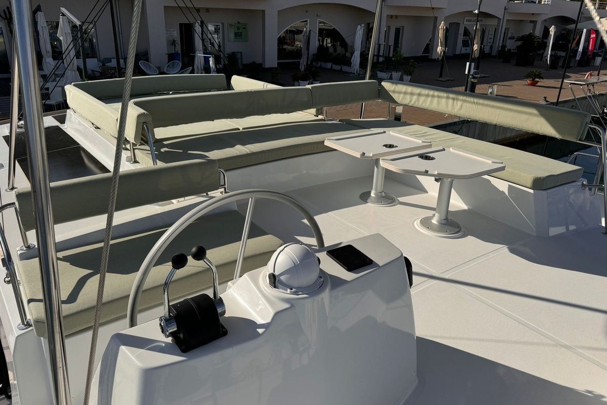 Cockpit of Silver Dolphin, a Bali 4.8 catamaran at Olbia, Italy