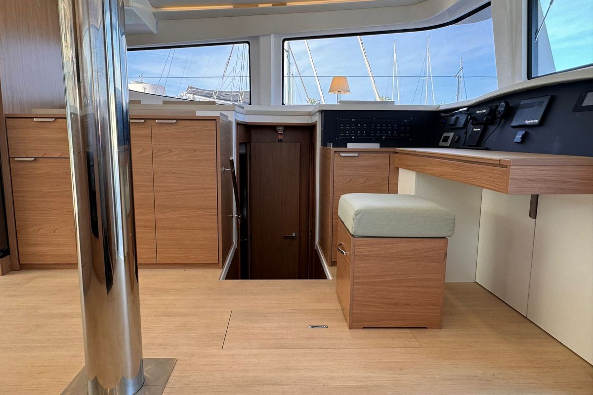 Cockpit of Silver Dolphin, a Bali 4.8 catamaran at Olbia, Italy