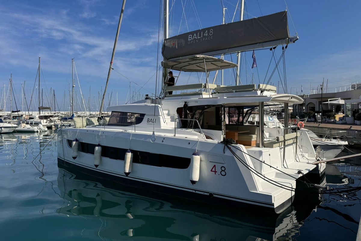 Exterior view of Silver Dolphin, a Bali 4.8 catamaran at Olbia, Italy