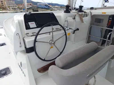 Cockpit of Zahira, a Lagoon 42 catamaran at Municipal Unit of Lefkada, Greece